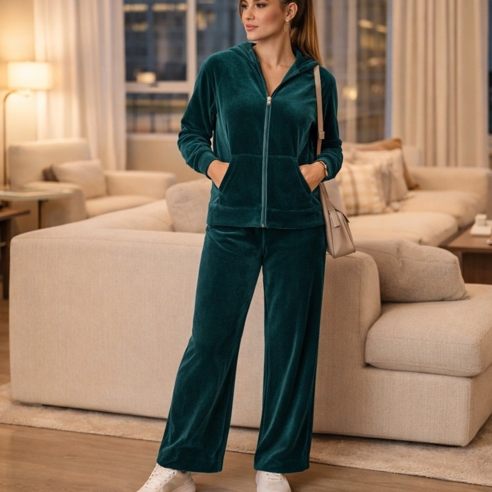 Style & Co Sport Velour Tracksuit Set Hunter Green Petite P Hoodie Pants Lounge
